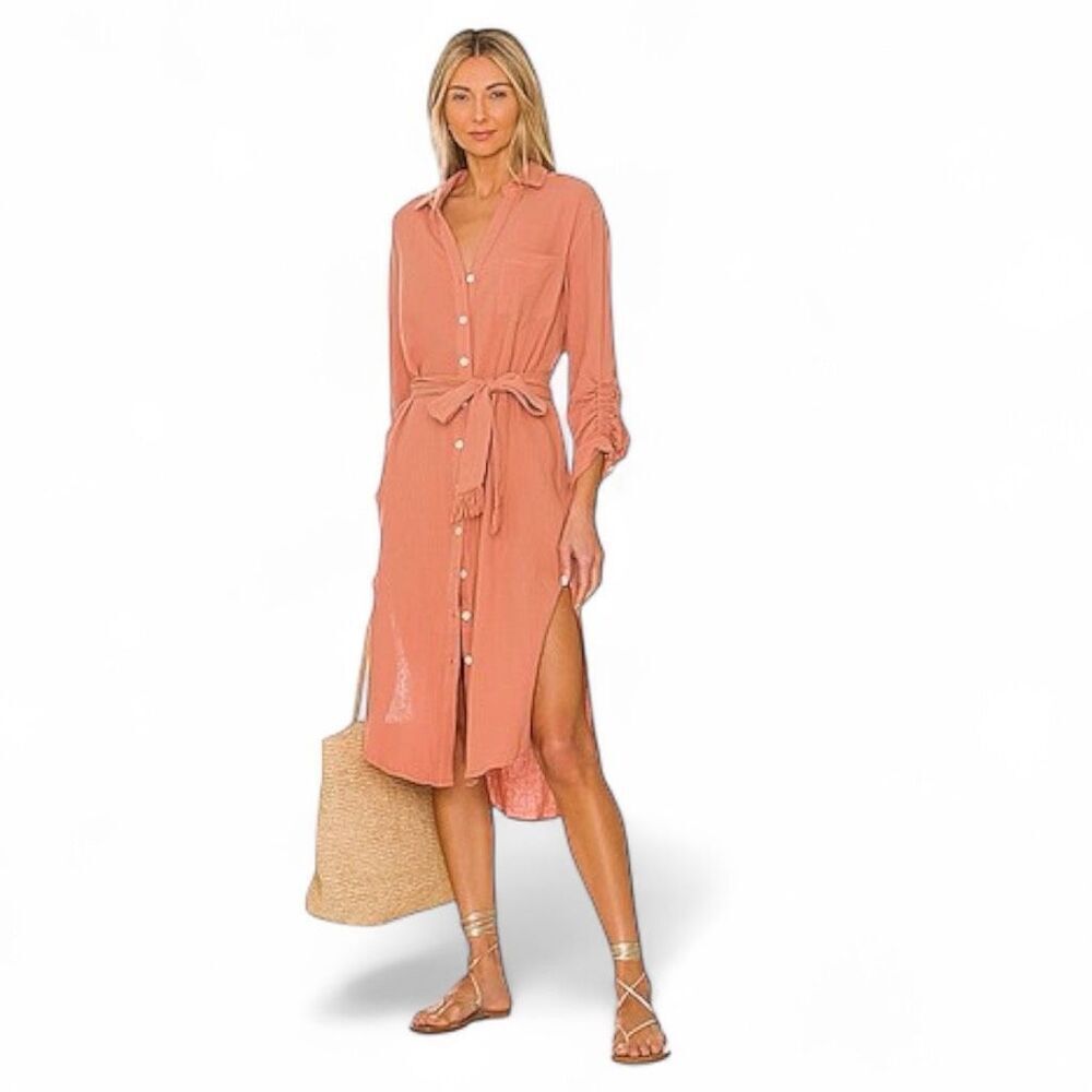 Heartloom Women's Button Front Gauzy Belted Isadora Shirt Dress Clay Medium NWT